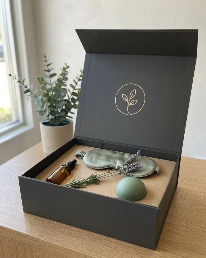 An open charcoal welcome box on a reception desk: a facial oil, a sage silk sleep mask and a stress ball laid out on a kraft tray with a sprig of lavender, the mark foil-stamped inside the lid.